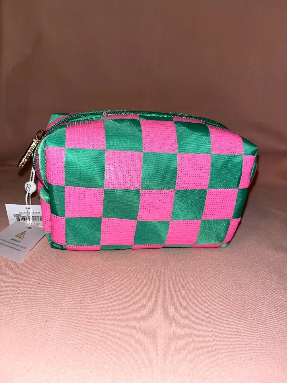 Shiraleah Pink & Green Checker Cosmetic Pouch AKA colors